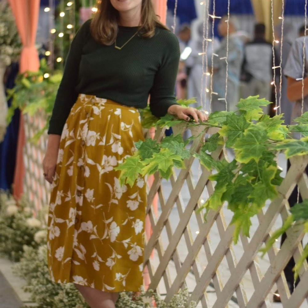 mustard midi skirt
